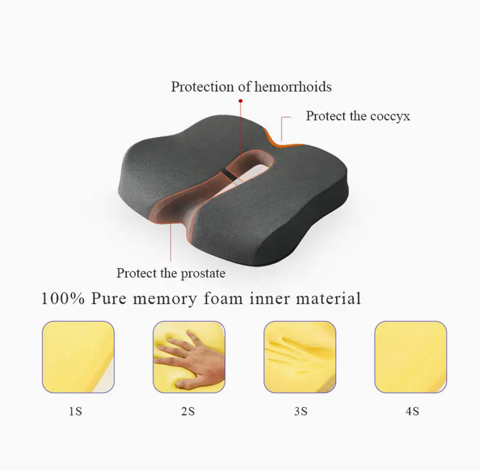 Patented Pressure Relief Memory Foam Seat Cushion for Long Sitting Hours